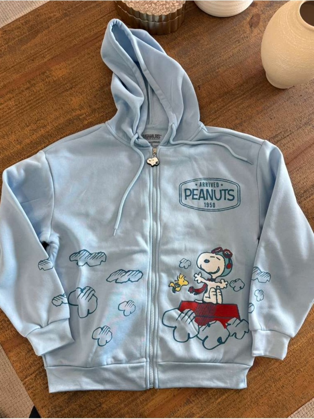 Peanuts Light Blue Snoopy & Woodstock Hoodie Jacket NWOT